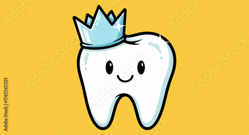 Cute tooth cartoon character, shiny blue crown, yellow background. Cute tooth symbolizes healthy oral care, promoting positive dental experiences. Ideal cute tooth graphic for pediatric dentistry,