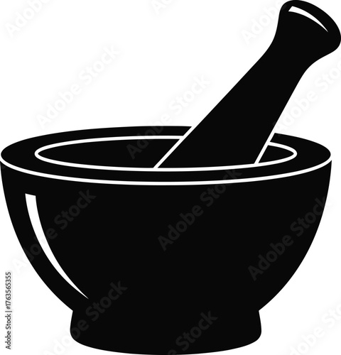 Black and white mortar and pestle icon vector silhouette grinding tool symbol for pharmacy medicine food preparation and kitchen herbs