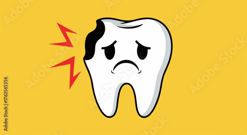Cartoon toothache illustration depicts white molar with dark cavity. Sad faced tooth shows signs of dental problem, clear toothache distress. Concept toothache for dental care clinics,