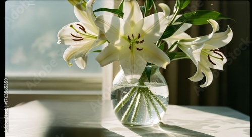 Beautiful white lilies in a clear glass vase bathed in natural sunlight by a window, elegant floral arrangement.
