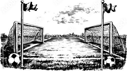 Soccer field illustration featuring two goals and corner flags. Vintage vector artwork captures the essence of the game in a detailed engraving style.