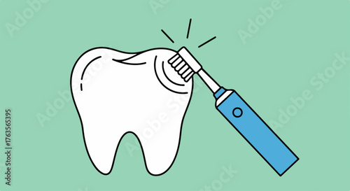 Illustration showing dental care using electric toothbrush. Dental care includes preventing tooth decay and removing plaque with electric toothbrush, and maintaining healthy gums.
