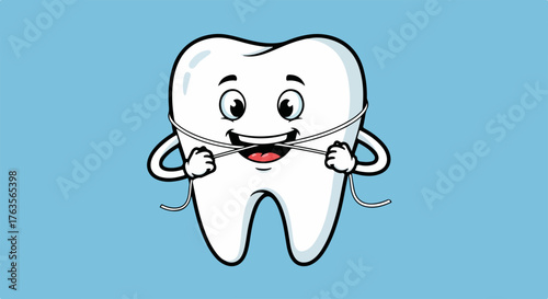Smiling tooth with dental floss for oral hygiene promotion, tooth care for healthy gums. Tooth character demonstrating dental floss technique, promoting regular tooth care.