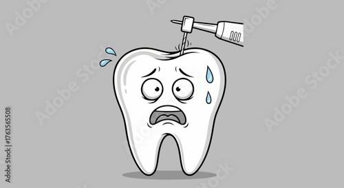 Scared tooth illustration for dental care awareness with fearful tooth facing drill. Scared tooth in need of a dentist visit, highlighting anxiety of checkup.