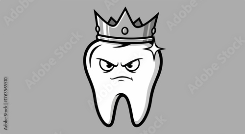 Cartoon tooth with crown, a symbol of oral health and dental care, presented as a tooth king. Cartoon tooth showcases dental health and hygiene as a royal concern.