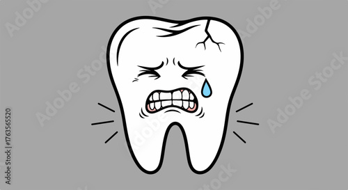 Sad tooth with a crack in gray background showing Toothache. Sad tooth with crack exhibits toothache, needs dental care and a filling, representing discomfort.