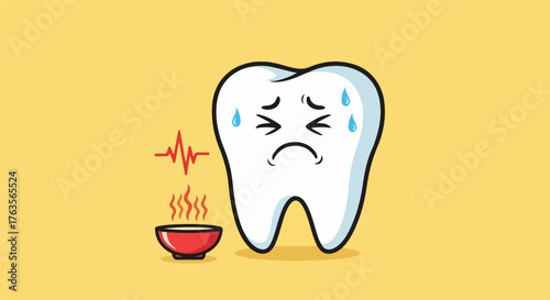 Unhappy toothache illustration beside a bowl of hot soup signifies dental discomfort and pain, toothache can be unbearable.