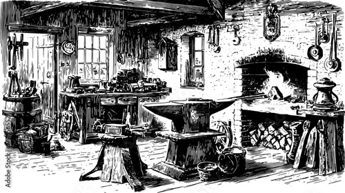 Antique workshop interior vector illustration. Features tools, anvil, and traditional furnishings in a vintage set that illustrates craftsmanship.