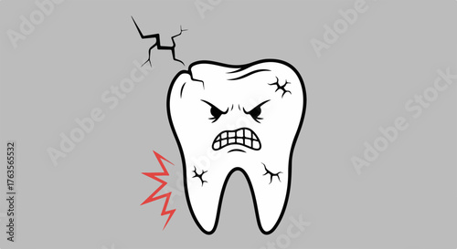 Cracked tooth causing dental pain. Cracked tooth is never a good thing, cartoon molar with visible pain and cracks, dental issues and oral hygiene problems.