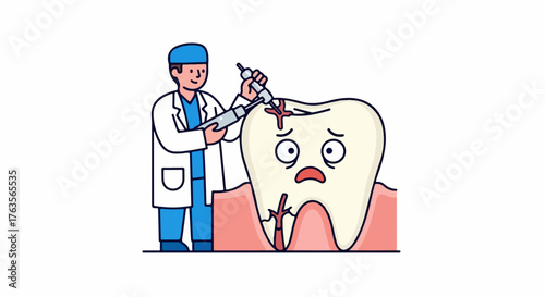 Tooth treatment with injection, showing fear, dental care concept. Tooth treatment includes a terrified tooth character receiving injection from smiling doctor,
