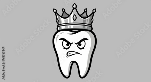 Angry tooth character wearing crown and looking ferocious, with expression. Angry tooth mascot, with crown, embodies dental health struggles and toothache pain.