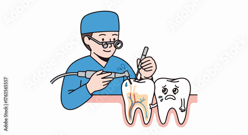 Dentistry performed on teeth. Toothache requires dentistry in doctor's office to relieve suffering and provide dental care.