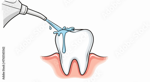 Dental care illustration shows water rinsing tooth surface, dental care procedure with water, with focus on hygiene and enamel protection. Dental care includes regular cleaning to keep teeth healthy,