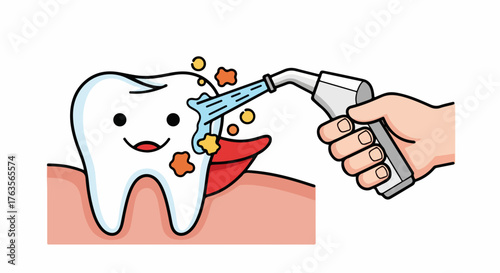 Cartoon teeth cleaning shows irrigating procedure, removing plaque and keeping teeth clean. Cartoon teeth cleaning is important for oral health and maintaining a bright smile,