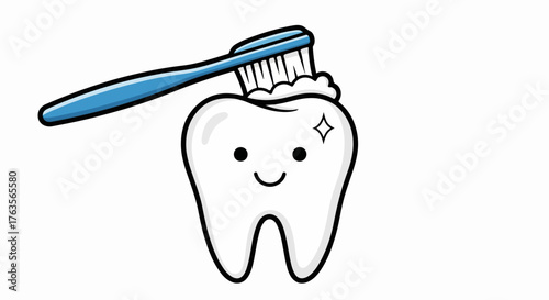 Smiling tooth illustration with blue toothbrush and toothpaste, smiling tooth icon for dental health. Smiling tooth is brushed to maintain healthy teeth and gums, oral care.