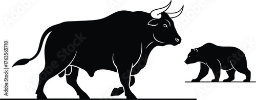 Bull and Bear Market Symbols Black Silhouette Vector Graphic