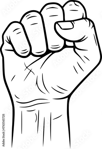 Fist hand drawing. It is a black and white outline image of a clenched fist, a powerful symbol of strength, resistance, or solidarity. Vector sketch line art draw