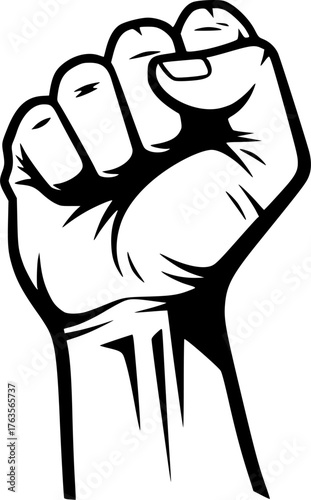 Fist hand drawing. It is a black and white outline image of a clenched fist, a powerful symbol of strength, resistance, or solidarity. Vector sketch line art draw