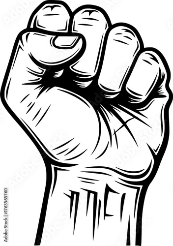Fist hand drawing. It is a black and white outline image of a clenched fist, a powerful symbol of strength, resistance, or solidarity. Vector sketch line art draw