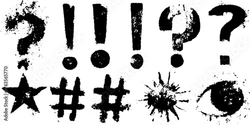 Grunge punctuation symbols in a vector illustration set. Featuring exclamation marks, question marks, stars, and other symbols for visual impact.