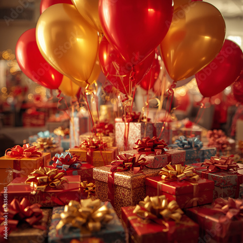 Bright red and gold balloons floating above a mountain of wrapped gifts, a festive atmosphere.