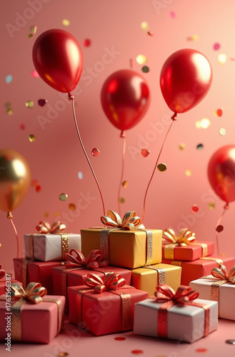 Bright red and gold balloons floating above a mountain of wrapped gifts, a festive atmosphere.