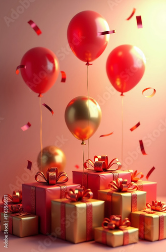 Bright red and gold balloons floating above a mountain of wrapped gifts, a festive atmosphere.