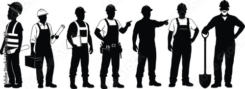 Silhouette vector illustration of construction workers with hard hats holding blueprints, toolbox, shovel, pointing, teamwork, safety, supervision, planning, and industry