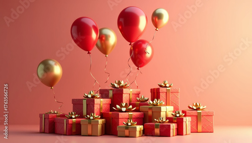 Bright red and gold balloons floating above a mountain of wrapped gifts, a festive atmosphere.