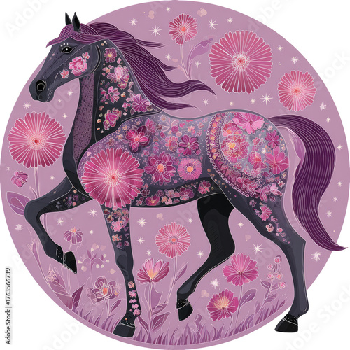 Floral-patterned horse art in purple hues, whimsical illustration