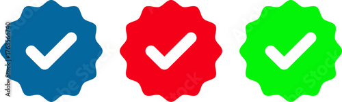 Blue red and green verified badges representing validation and authenticity online now