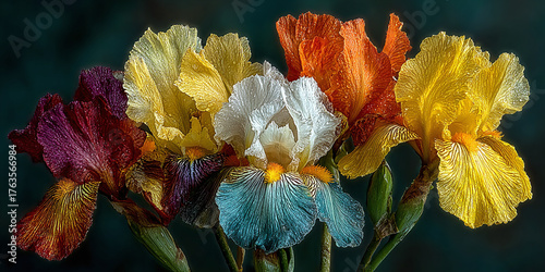 Vibrant Rainbow of Irises A Stunning Display of Colorful Petals in Full Bloom and Nature's Beauty