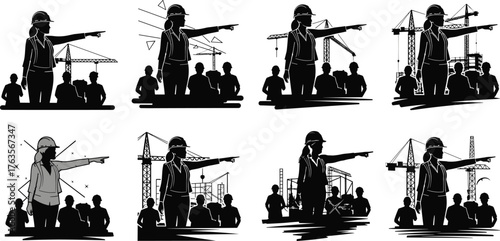 Silhouette vector illustration of construction workers with hard hats pointing and supervising at building site with cranes, teamwork, leadership, planning, industry