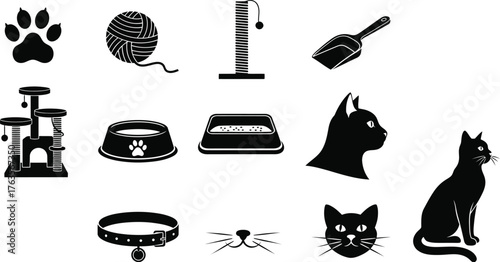 Cat supplies and accessories vector icon set for pet owners