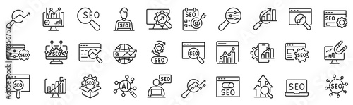 Set of 30 outline icons related to seo. Linear icon collection. Editable stroke. Vector illustration
