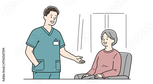 Healthcare professional consulting with elderly woman in minimalist line art…