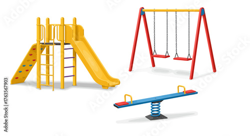Colorful playground equipment with slide, swing, and seesaw isolated on white…