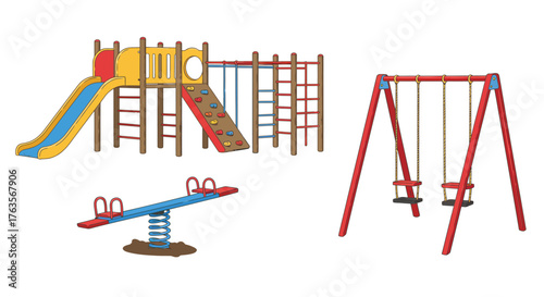 Colorful playground equipment with slide, swings, and seesaw