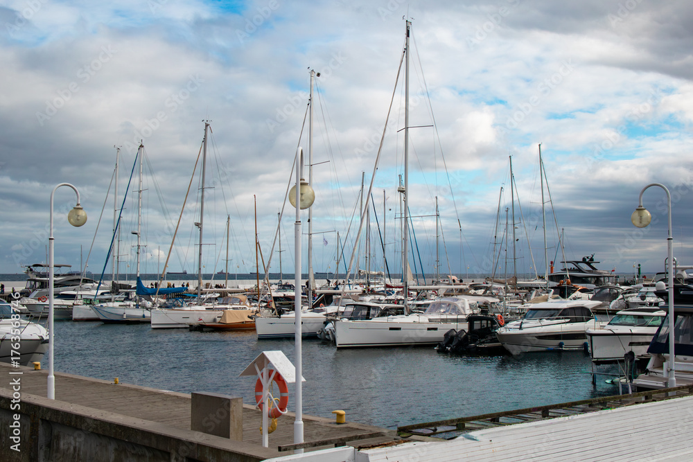 Naklejka premium View of yachts and sailboats moored in the marina at Sopot, Poland, on the Baltic Sea