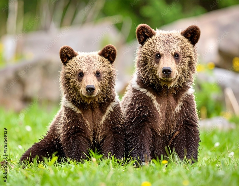 Fototapeta premium Two adorable brown bear cubs sitting side-by-side on lush green grass.