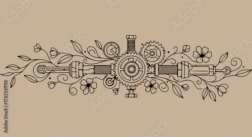 Ornate vintage botanical illustration with floral elements and decorative scrollwork