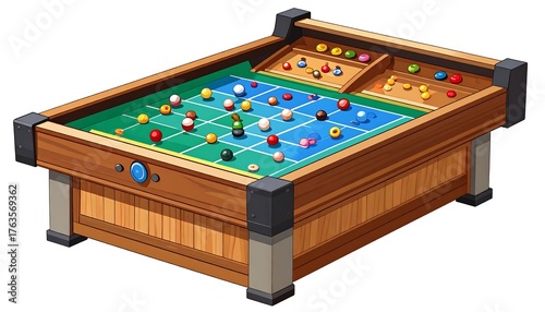 An illustration shows a miniature billiards table with colorful balls scattered across its green surface and in storage compartments. The table is wooden with metal accents