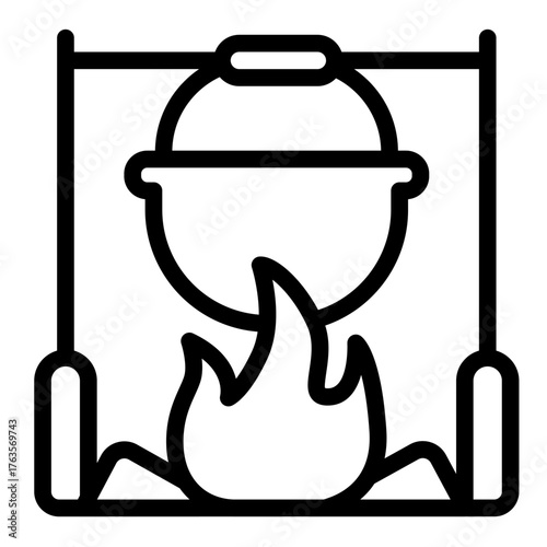Cauldron on fire line icon, spring season concept. Vector graphics. Camping pot at fireplace, cooking sign on white background, style icon mobile or web design.