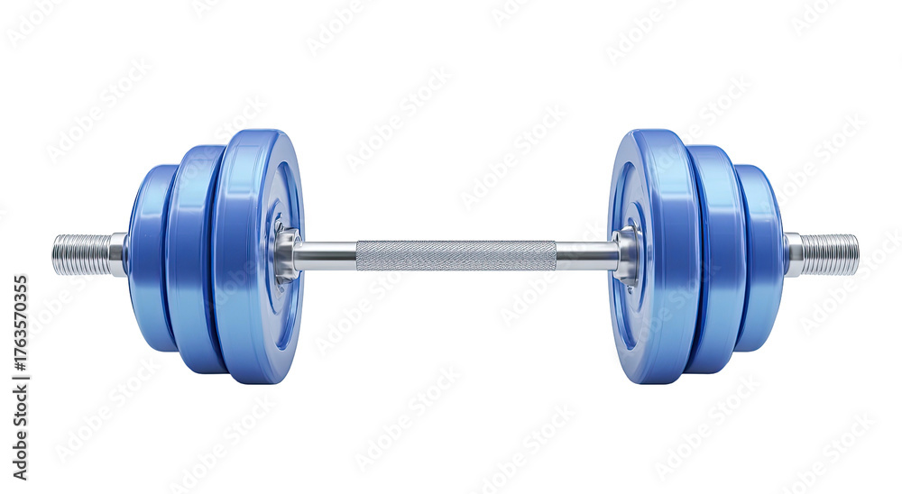 Fototapeta premium Rendered illustration of a metallic barbell with stacked, blue weight plates, isolated on black