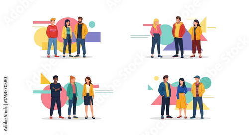 Vector illustration of diverse group of young people standing together