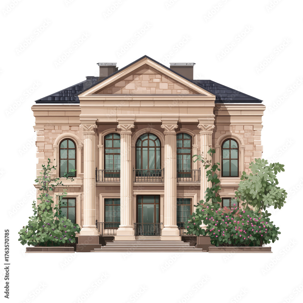 Fototapeta premium Grand, classically-designed, two-story building with columns and arched windows. Landscaping