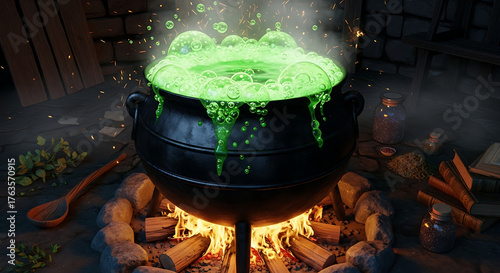 Witch cauldron bubbling with green magical potion
