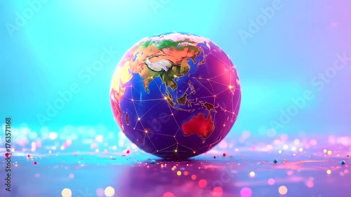 Digital globe model illustrating worldwide connectivity and data flow against vibrant neon backdrop