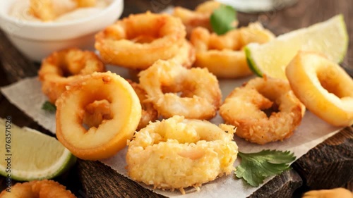 Traditional crispy fried calamari served with spicy dipping sauce at a greek tavern.