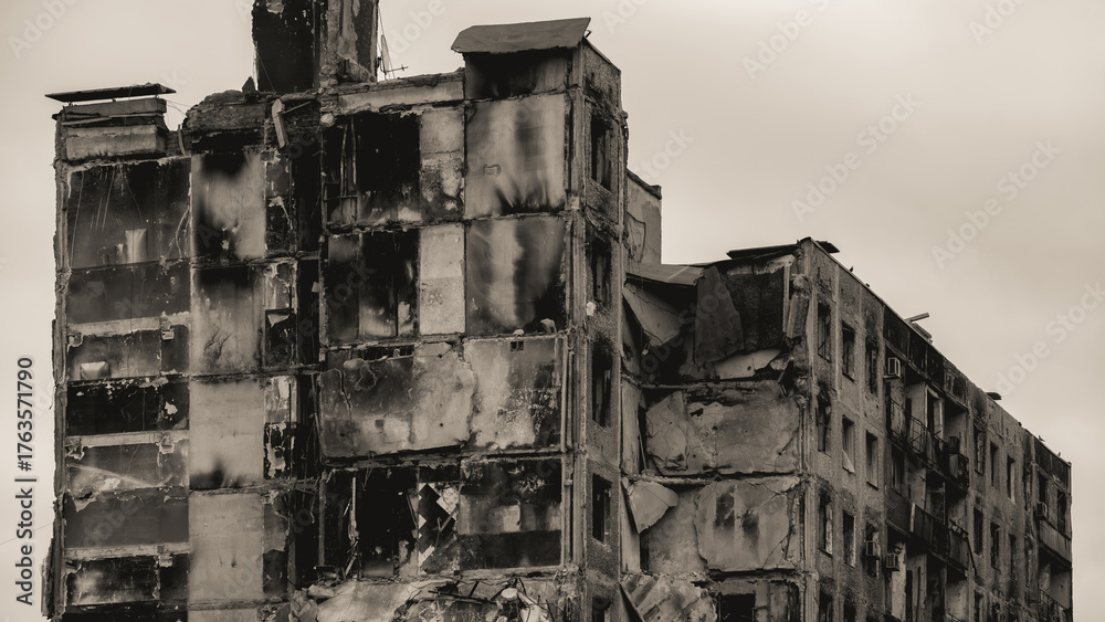 Fototapeta premium ruined street and destroyed houses the city Kiev war in Ukraine